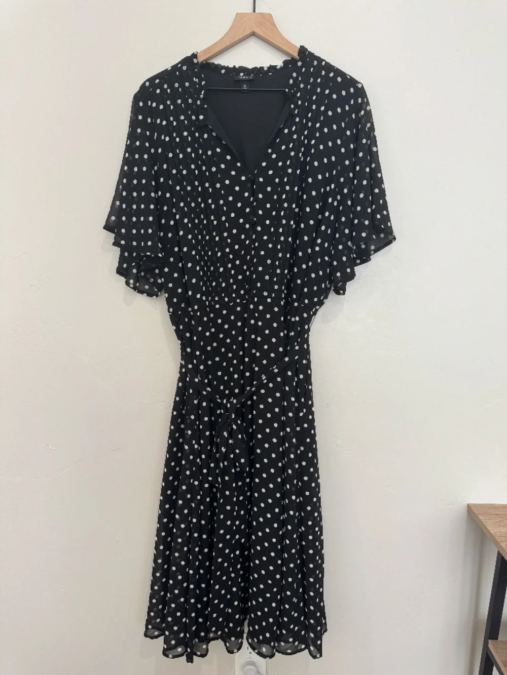 Torrid Size 3 Midi Chiffon Ruffle Neck Pintuck Dress Black and White Polka Dots - Picture 2 of 10
